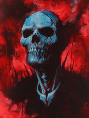 Dark Fantasy Portrait of a Skeletal Demon with Glowing Blue Skin and Intense Red and Black Background
