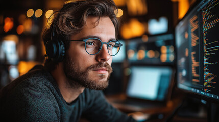 A young software developer working late at night in a modern office, surrounded by multiple monitors, coding on a computer with a focused expression.
