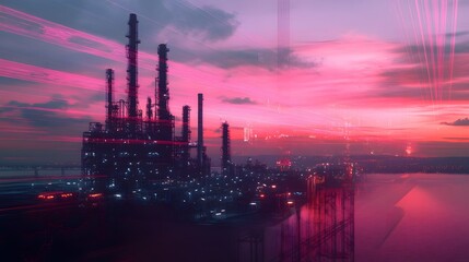Industrial Complex at Sunset with Data Streams