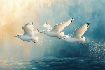 Obraz premium Three seagulls soaring in vibrant blue sky