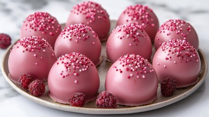 Obraz premium A delightful plate brimming with pink chocolate-covered raspberries, elegantly placed on a table, perfect for celebrating love on Valentine's Day.