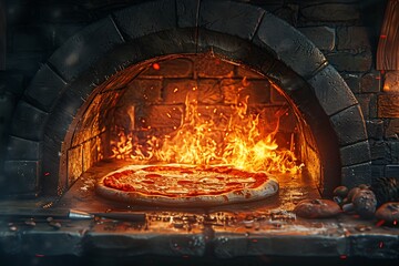 Pizza baking in wood-fired oven, flames visible. Food photography for menus