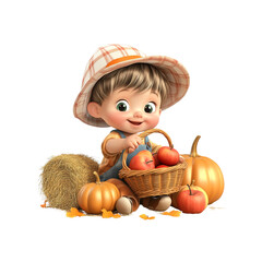 Fototapeta premium Adorable 3D Render of a Toddler Farmer with Autumn Harvest