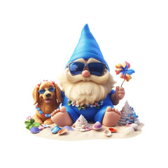 Naklejka premium Summer Fun Cool Gnome and Puppy on the Beach
