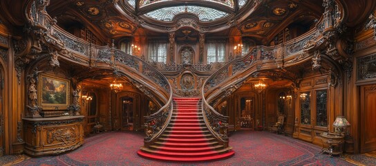 Obraz premium Grand mansion's ornate staircase, red carpet; glass ceiling, interior design