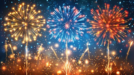 Fototapeta premium Three fireworks are lit up in the sky, with one of them being red, one blue