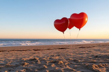 Fototapeta premium Three vibrant heart-shaped balloons float gently above the sandy beach, symbolizing love and joy against the backdrop of a stunning sunset by the ocean.