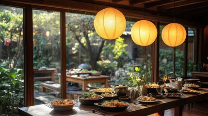Asian restaurant buffet lunch, garden view