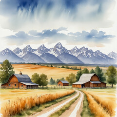 watercolor illustration of Driggs, Idaho, capturing its charming rural beauty with the Teton Mountains in the distance