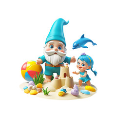 Obraz premium Adorable 3D Render of a Gnome and Little Girl Building a Sandcastle at the Beach