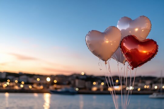 A collection of heart-shaped balloons, some red and some white, beautifully silhouetted against a picturesque sunset with gentle clouds and sparkling lights of the city.