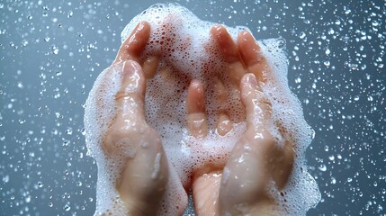 Fototapeta premium Cleansing Hands Soft Foam Water Drops Refreshing Hygiene Skincare