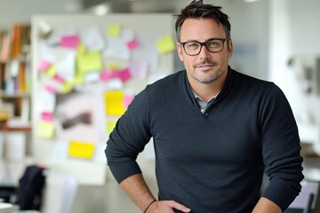 Obraz premium Confident Man Smiling in Modern Office Setting with Notes