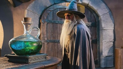 Wizard and Potion: An elderly wizard with a long white beard and pointed hat stands beside a large glass decanter filled with glowing green liquid, in a dimly lit stone room. - Powered by Adobe
