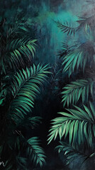 vibrant oil paint Dark Enchanted Forest landscape Lush Green Impressionist Artwork brushstroke wallpaper background Mystical Shadow Atmospheric Woodland tropical fantasy palm tree Post-Impressionist