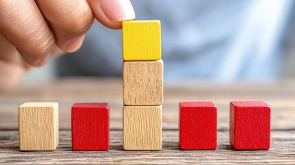 Hand Placing Yellow Block on Wooden Tower Building Success Strategy