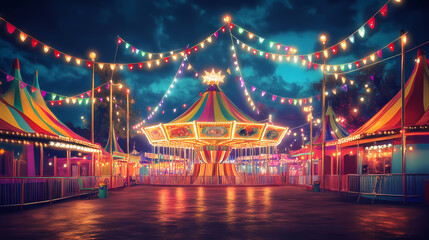 Fototapeta premium Carnival celebration fairground vintage scene nighttime festive atmosphere joyful exuberance. Vintage Carnival Lights. Illustration