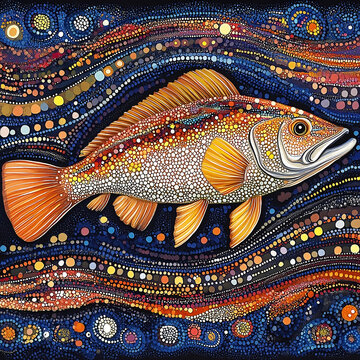 Australian Aboriginal dot painting style art barramundi dreaming with a fish.