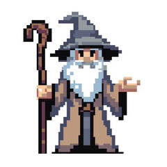 Pixel art wizard with long beard	
