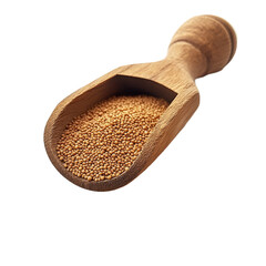 Amaranth seeds spilling from a wooden scoop on a transparent background in natural light, amaranth seeds on wooden scoop on transparent background