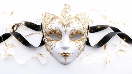 White masquerade mask with intricate gold accents, styled on a clean white surface, ribbons in black and gold, glowing light bokeh, isolated on white background. Vintage Carnival Lights. Illustration