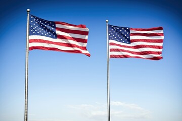 Fototapeta premium Cuban flag and USA flag waving together in faded colors under a clear sky
