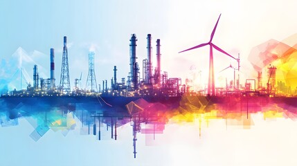 Fototapeta premium Industrial Refinery Complex With Wind Turbines Transitioning To Renewable Energy