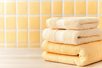 Soft Pastel Yellow Bath Towels Stacked on Wood