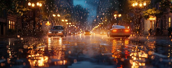 Rainy night city street, cars driving, streetlights reflecting