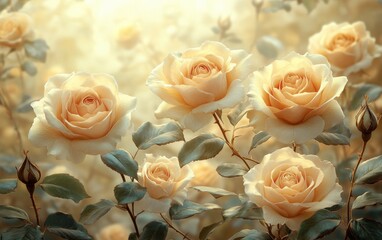 Obraz premium Vintage Floral Wallpaper Mural Grunge Decor Botanical Design with Roses and Lush Foliage