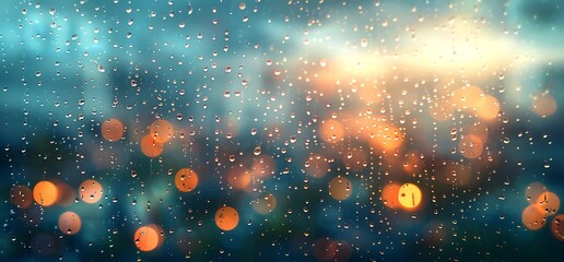 Rainy night city view, window raindrops, blurred lights, background