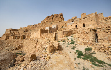 Historical Ksar Guermassa located on mountainous landscape, administratively attached to Tataouine, Tunisia
