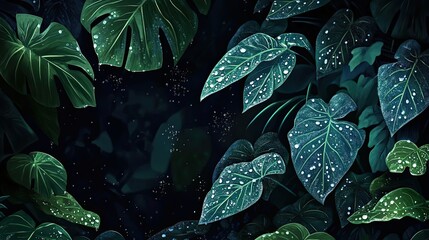 Dew Kissed Tropical Leaves Dark Background