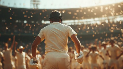 A cricket player taking a wicket during a tense moment in a match, with the crowd cheering loudly from the stands. 41