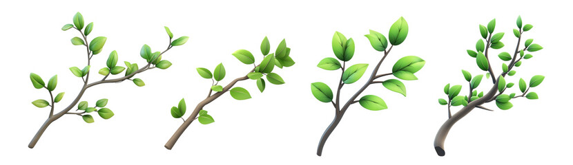 Obraz premium Green Branches Collection: Four realistic illustrations of vibrant green branches with fresh leaves, perfect for spring and nature-themed designs.