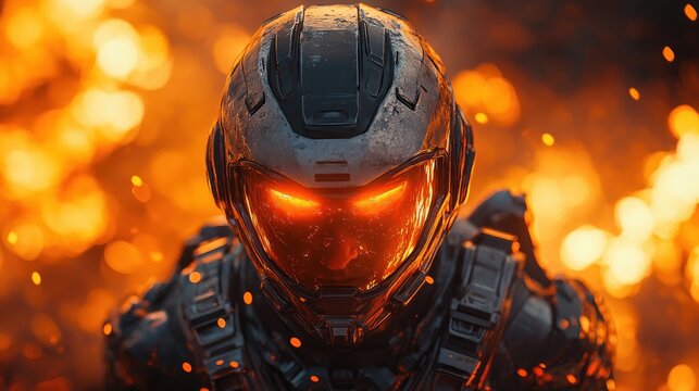 Futuristic Samurai Warrior in Fiery Urban Battleground with Sword and Helmet - Powered by Adobe