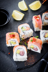 Fresh made colorful sushi served