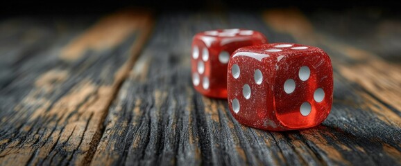 Red dice on rustic wood, gambling chance
