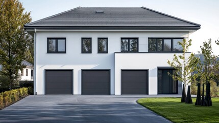 Fototapeta premium A minimalist two-story house with white-gray walls, a slate-black roof, and deep black window frames
