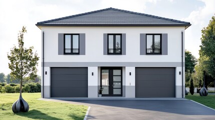 A minimalist two-story house with white-gray walls, a slate-black roof, and deep black window frames