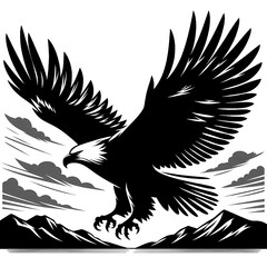 Obraz premium Eagle Silhouette Flying Over Mountains: Majestic Black and White Wildlife Art 