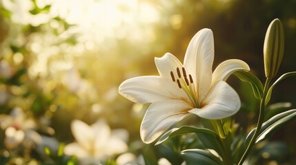 Fototapeta premium A close-up of an Easter lily surrounded by greenery and soft sunlight.