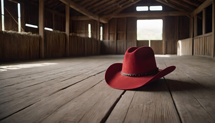 red cowboy hat laying on the ground inside a barn
