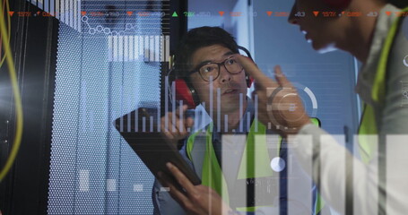 Image of data processing over diverse it engineers by computer servers