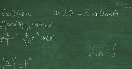 Image of layers of mathematical formulae and equations over green chalkboard © vectorfusionart