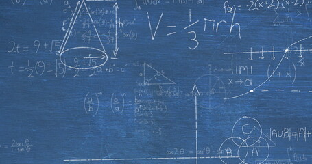 Image of layers of mathematical formulae and equations over blue chalkboard © vectorfusionart