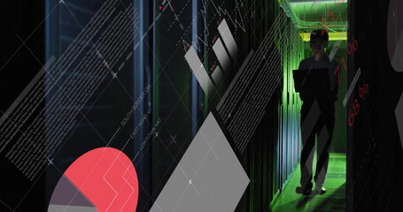 Image of data processing over asian male it engineer by computer servers