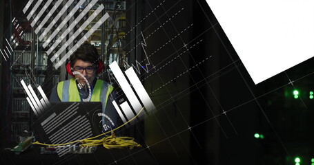 Image of data processing over african american male it engineer by computer servers