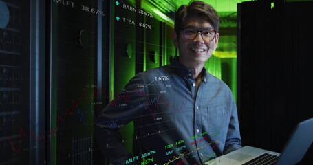 Image of data processing over asian male it engineer by computer servers