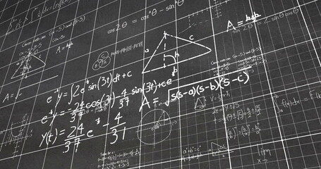 Image of layers of mathematical formulae and equations on grids over grey chalkboard